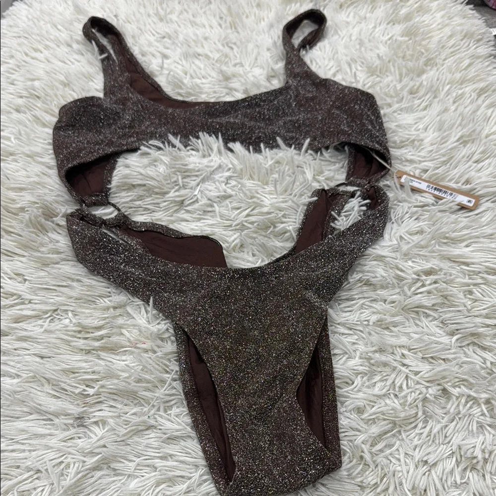 Skims Metallic Glitter Swim Cut Out Monokini One Piece in Cocoa